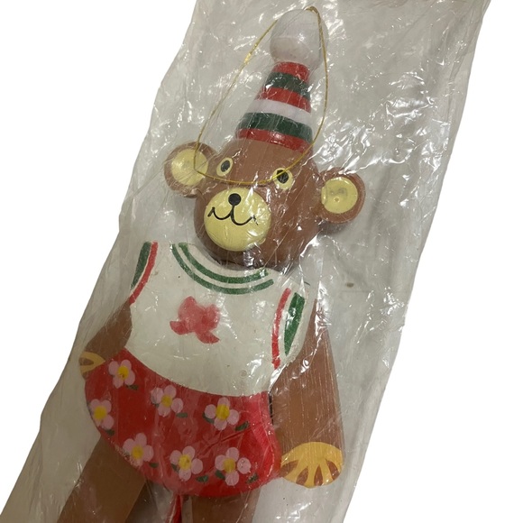 Vintage NEW Wooden Pull String Clown Girl Teddy Bear Christmas Ornament - Picture 6 of 8